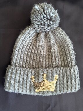 Disney Women’s Gray Pom-Pom Beanie with Sequin Crown